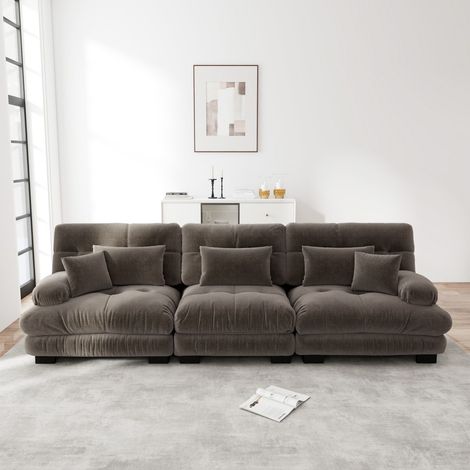 Divano modulare a 3 posti 313x77x81 cm - Tessuto ciniglia effetto cloud con seduta profonda per salotto e ufficio - Marrone