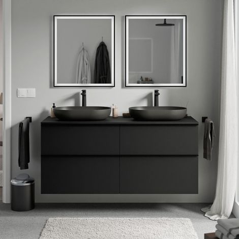 Unterschrank Bernstein LAVOA 140cm für Aufsatzwaschbecken Badmöbel: Schwarz matt, Metallgriff: Anthrazit matt, Waschtischplatte: Schwarz matt