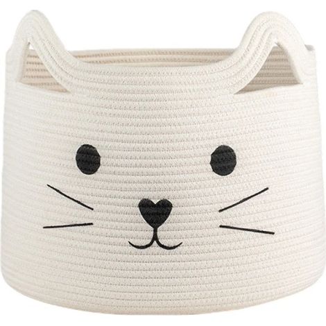 Panier à linge multifonctionnel en corde de coton tressée, lavable, avec un joli motif de chat, idéal pour la maison ou le bureau, doux et résistant. (1/5)