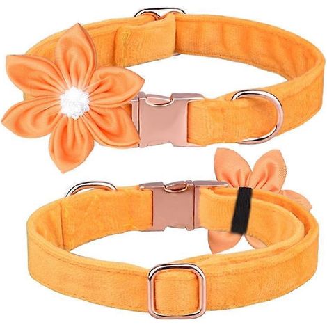 Prinz Katzenhalsband, Hundehalsband mit Blumenschleife, funkelnder kristallgelber Samt, Größe M.