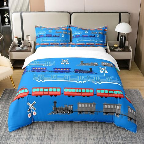 Cars 100% Coton Housse de Couette 140x200cm Voiture Vintage Literie Set Train Parure de lit Coton Set Chambre Housse de Couette Train à Vapeur Vintage Bleu Light Logo Combo literie - 140 x 200 cm + 1  (1/5)