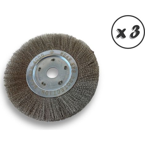 Lot de 3 brosses circulaires INOX  Ø 250 mm  Epaisseur 1 rang  Fil souple 0.20 mm ondulé  Alésage 32 mm + réducteur bague 25/22/20/16/12 mm  Touret affûteuse ponceuse  Kibros 211251IVx3
