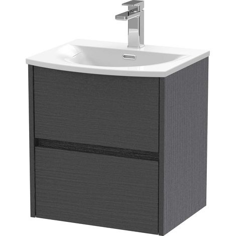 Nuie Havana Graphite Grey Woodgrain 500mm Wall Hung 2 Drawer Vanity Unit and Curved Ceramic Basin - HAV2202G (1/4)