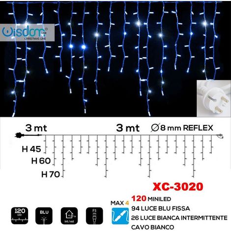 TRADE SHOP - Tenda Luminosa Natalizia 120 Led Luce Blu Fissa + Bianca Intermittente Xc-3020 -