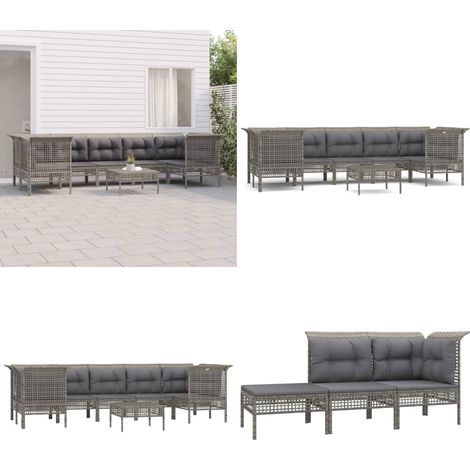 Salon de jardin 8 pcs avec coussins Gris Résine tressée - Salon De Jardin - Mobilier De Jardin - Set De Salon - Meubles De Jardin - Poly Rotin - Home & Living