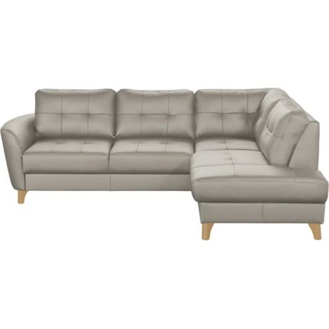 Canapé d'angle convertible en cuir italien de luxe 5 places NORIA avec coffre, gris clair, angle droit (1/4)