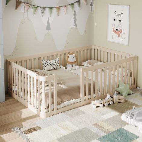 Lit enfant en pin massif crème 90x200 cm avec barrière de sécurité (1/5)
