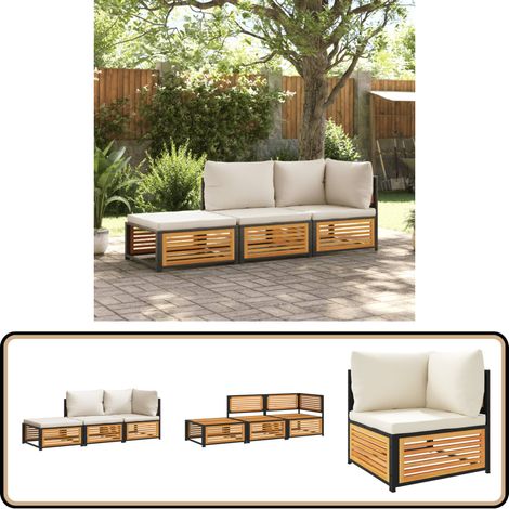 Salon de jardin avec coussins 3 pcs bois massif d'acacia - Ensemble Salon De Jardin - Meuble De Jardin - Salon De Jardin Acacia - Mobilier De Jardin - Chaise Longue