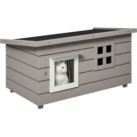 Caseta de madera para gatos, refugio impermeable con techo de asfalto, tapa plegable, ventana, protección invernal, caseta para gatos, contenedor exterior para jardín, balcón, 87 x 52 x 44 cm, gris