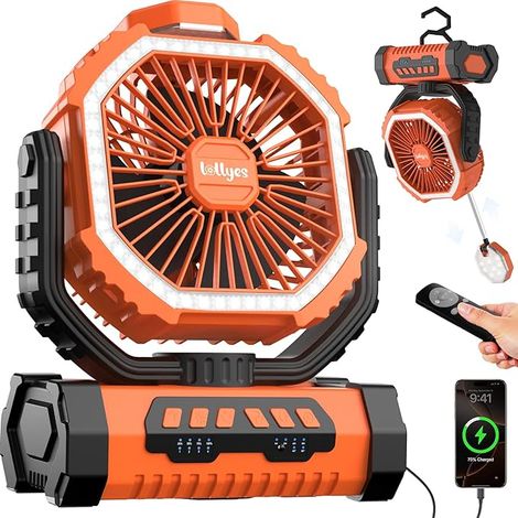 Ventilador portátil recargable para camping al aire libre con luz, batería de 20000 mAh, control remoto y gancho giratorio de 360°, 4 velocidades para viajes (naranja). (1/5)