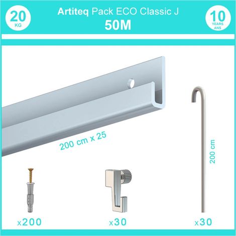 Pack complet 50 mètres cimaise Classic J avec tiges couleur Aluminium - Accrochage de cadres et tableaux (1/5)