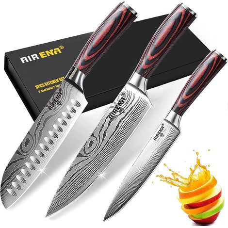 Ensembles de Couteaux 8" Couteau de Chef 7" Couteau japonais Santoku 5" Couteaux Utilitaire Acier Haut Carbone Ultra Aigu Set Couteaux de Cuisine avec Poignée Ergonomique et Boîte Cadeau (1/5)