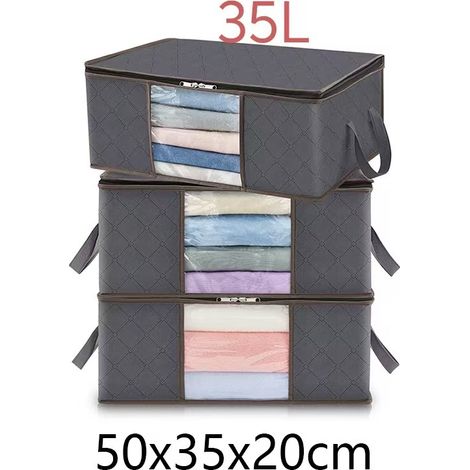 Sac rangement vêtements non tissé gris 35L 50×35×20cm, lot de 3