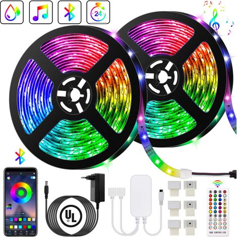 Bluetooth-LED-Streifen, 10 m (5 m x 2 m), LED-Streifen, 300 LEDs, 5050 RGB, IP65, Steuerung über Smartphone-App, Synchronisierung mit Musikrhythmus/Timer-Funktion [Energieklasse A+++] – RAPANDA