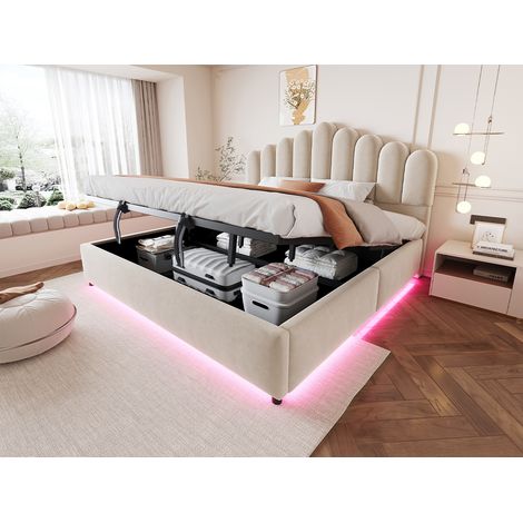 Lit en tissu velours beige 180x200 cm avec coffre de rangement hydraulique, tête de lit rembourrée unique, éclairage LED intégré, sommier à lattes robuste inclus. (1/5)