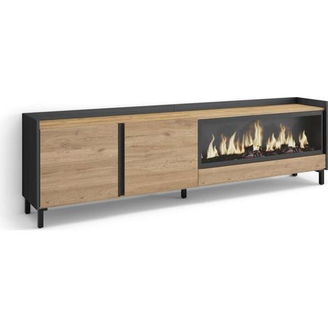 Mueble TV Mollina-01 de 212x61x35 cm con chimenea eléctrica XXL, diseño industrial, color roble y negro (1/4)