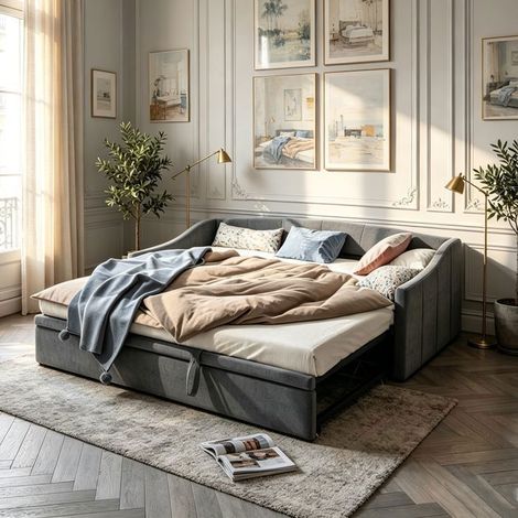 Canapé-lit gigogne convertible 90/180x200 cm - Lit gigogne 2 places - style scandinave - velours gris (1/5)