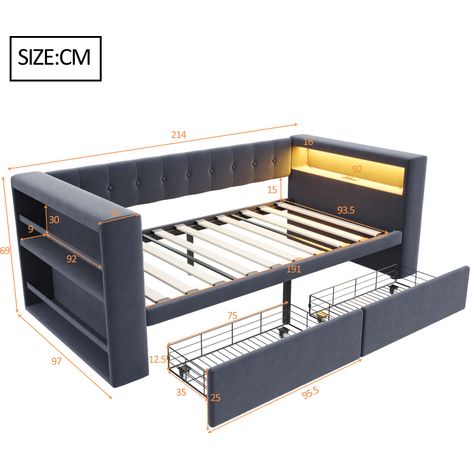 Lit rembourré 90×190 cm avec éclairage LED, prise électrique et grand espace de rangement, tiroirs spacieux, canapé-lit multifonctionnel, lit simple, gris foncé (1/5)