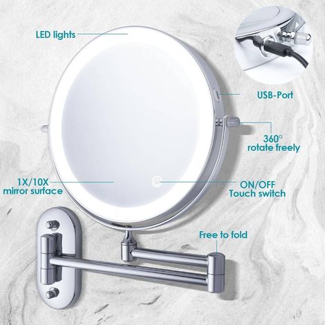 Miroir Grossissant Lumineux Mural 1X/10X, Miroir Maquillage Mural, Miroir Grossissant Lumineux Mural, Miroir Cosmétique Extension 360° Pivotant pour Salles de Bain, USB Rechargeable (1/5)