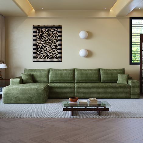 Canapé d'angle modulaire sans os de 340 cm avec méridienne en L, assise profonde, livré monté, canapé compressible, vert