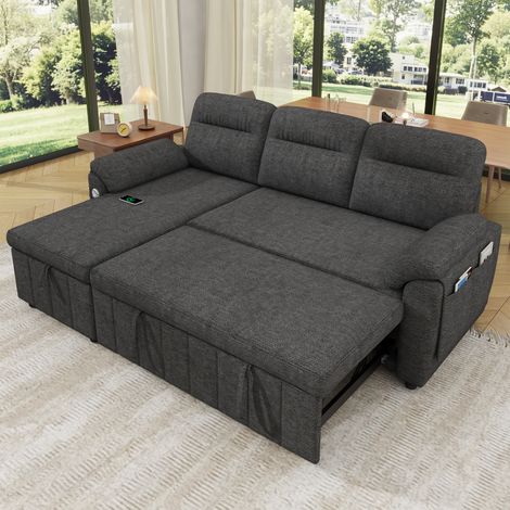 Canapé d'angle en forme de L avec méridienne réversible gauche/droite, fonction couchage extensible, espace de rangement dans la méridienne, panneau USB/Type-C, compartiment d'accoudoir d'appui-tête s (1/5)