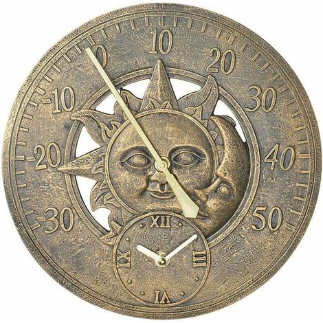 Thermomètre Extérieur Horloge Vintage Mur Horloge De Station De Décoration Rétro Suspendu Horloge Motif Soleil Lune Étanche Extérieur Ou Intérieur, Piscine, Clôture, Patio (1/4)