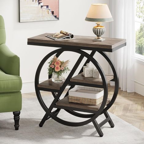 Tribesigns End Table for Living Room, 3-Tier Narrow Side Table with Storage, Wood Sofa Side Table with Geometric Metal Frame, Industrial Nightstand and Bedside Table for Bedroom, Grey