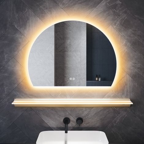 SONNI Halbkreisförmig LED Badezimmerspiegel mit Beleuchteter Ablage, Spiegel mit Anti-Beschlag 3 Einstellbare Lichtfarben und Memory-Funktion, 80×60cm