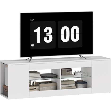 Meuble TV 140 cm, 6 compartiments, 2 étagères en verre, panneaux de particules, blanc avec fonction de rangement et d'affichage idéal pour salon, chambre à coucher ou bureau