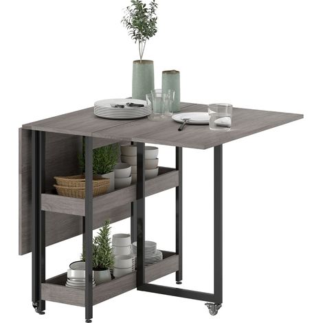 Table à manger pliante grise 133,4 x 80 x 75 cm pour 2-4 personnes avec 2 étagères ouvertes (1/5)