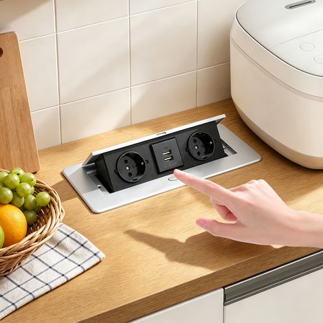 【Maison connectée】Multiprise Escamotable pour Encastrer, Plan de Travail,Bureau de Prise Pop-up caché avec 2 Prises et 2 Ports USB Connection Box (1/5)