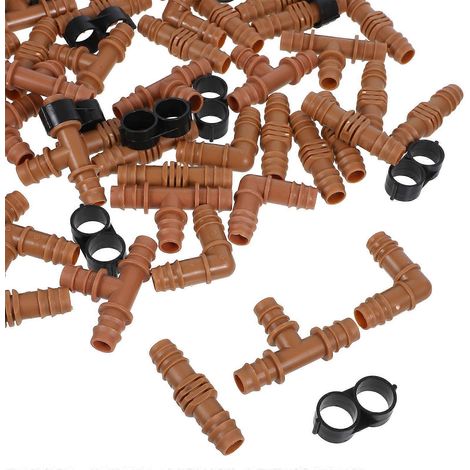 Raccords en T pour irrigation goutte à goutte, 2 jeux, composants pour tuyau d'arrosage, anneau marron, 56 pièces (1/5)