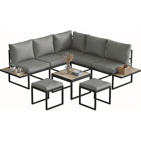 Salon de jardin 6 personnes table modulable bois PSPC coussins épais 10 cm gris