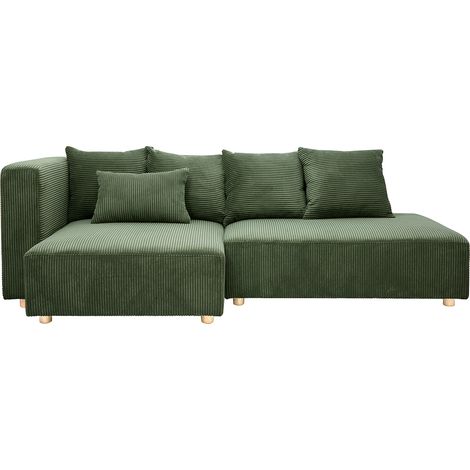 Canapé d'angle gauche 3 places en tissu velours côtelé vert kaki et bois clair HARLEM (1/5)