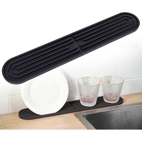 Tapis Égouttoir Étroits, Bande Tapis de Bar en Silicone, Antidérapant Tapis de Séchage pour Vaisselle Tasses Bouteilles Planches à Découper, Organisateur d'évier, 43 x 7,5 x 1 cm, Noir (1/5)