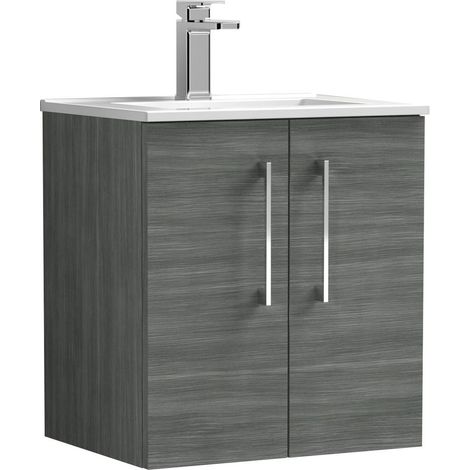 Balterley Contemporary Bathroom 2 Soft Close Door & Minimalist Wall Hung Vanity Unit Basin, Anthracite Woodgrain, 500mm