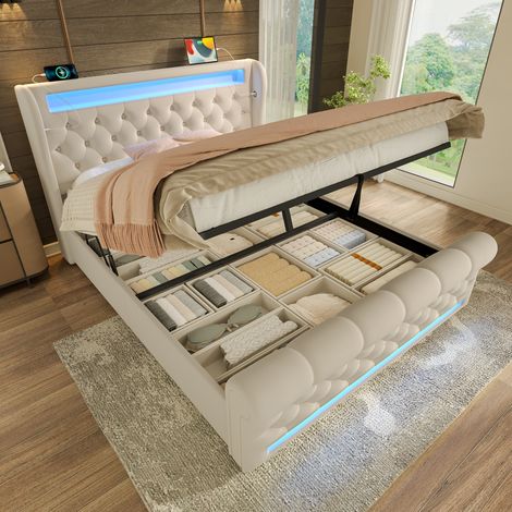 Letto imbottito 140x190 cm beige in velluto con LED perimetrali, ricarica USB/Type-C e contenitore