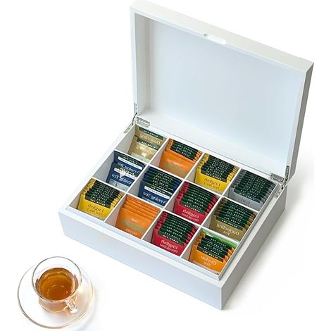 Boîte à Thé en Bois Faite Main,Boîte Thé Blanche à 12 Compartiments,Coffret Thé,Organisateur de Sachets de Thé,Boîte à Café,Boite The Vrac,Organisateur Pour la Maison ou Cadeau,Tea Box (1/5)