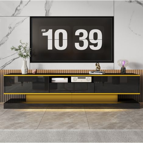 Mueble para TV de tablero de partículas negro y dorado 180,0x38,0x45,0 cm con 3 cajones, hueco abierto y LED multicolor (1/5)