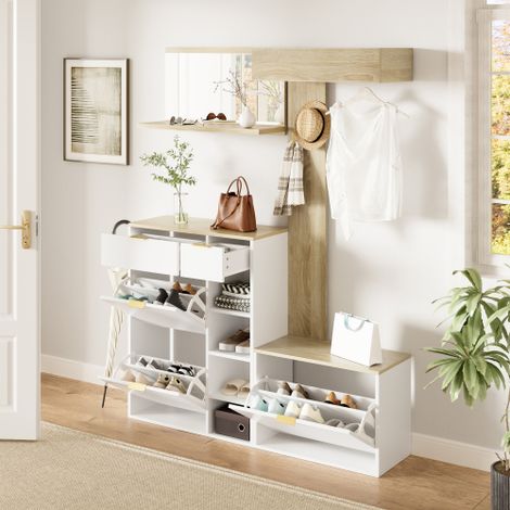 Ensemble d'entrée 4 pièces : comprend un meuble à chaussures, un banc pour se chausser, un miroir mural et un panneau porte-manteaux — un ensemble complet de rangement et de vestiaire mural conçu spéc