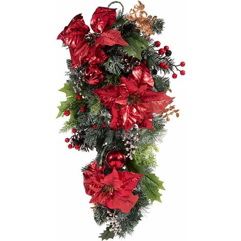 Ghirlanda natalizia con stelle di Natale rosse lucide pigne e bacche 66 cm (1/2)