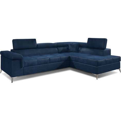 Canapé d'angle convertible velours MARIDO - Coffre et appuis-tête réglables-Bleu foncé-angle droit (1/5)
