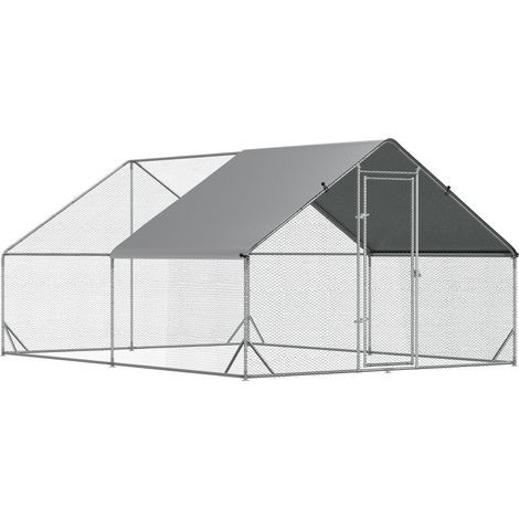 Poulailler XXL avec enclos, abri pour volailles avec toit ombragé et serrure pour 8 à 12 poules, canards, lapins, acier, 3 x 4 x 2 m