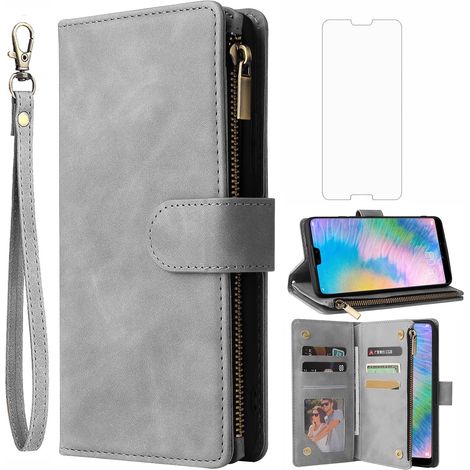Coque Portefeuille avec Verre Trempé et Porte Carte Chaine PU Cuir à Clapet Étui Housse Support P 20 20P EML-L29 Téléphone Case Femme Vitre Protection Ecran Homme Gris (1/5)