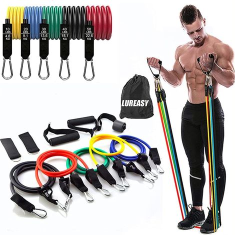 Ensemble de ceintures de résistance (11 pièces) pour salle de sport à domicile portable - empilable jusqu'à 68 kg, avec fixations de porte, poignées, sacs de transport, sangles pour jambes et cheville (1/3)
