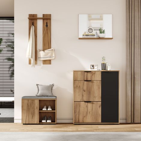 Ensemble meuble d'entrée mural avec banc et coffre à chaussures, miroir, tiroir, 2 patères, 4 portes, finition chêne naturel et noir, dimensions 140x35x139 cm. (1/5)