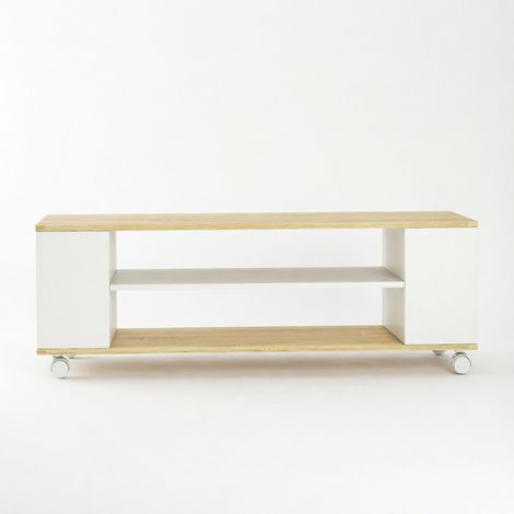 Meuble TV multifonction avec roulettes, panneau en bois mélaminé blanc et naturel, 120x40x38,5 cm, pour téléviseurs jusqu'à 55 pouces (1/5)