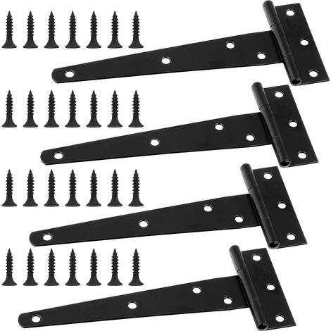 Bisagras en T negras de 4 piezas, bisagras metálicas para puertas de 6 pulgadas con 28 tornillos, bisagras plegables de acero inoxidable para puertas de cobertizos, portones de jardín y ventanas. (1/4)