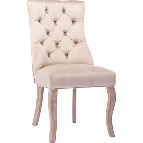 Set di 4 sedie da pranzo in velluto beige con schienale alto e bottoni, gambe in legno (1/5)