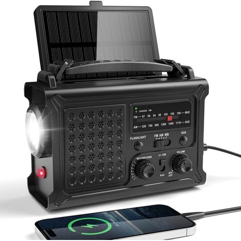 AM/FM Radio Solaire, Radio Portable à Manivelle, Radio d'urgence avec 8500mm² Grand Panneau Solaire, Lampe de Poche LED et Lampe de Lecture, 5 Méthodes de Chargement, SOS pour Le Camping, Urgence (1/4)